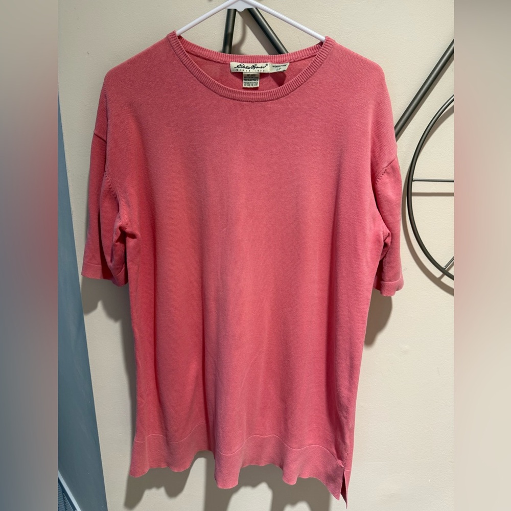 Eddie Bauer Women's Pink Short-Sleeve Crew Sweater, Size S, 100% Cotton